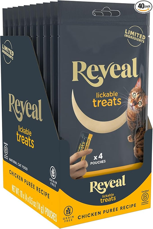 Reveal Lickable Cat Treats, Natural Purée Treats for Cats, Grain Free and Made with Limited Ingredients, Chicken Squeeze Up Cat Treats (40 x 0.5 oz Sachet Multipack)