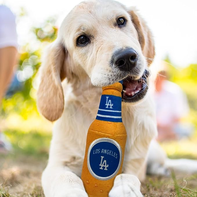 Pets First MLB Los Angeles Dodgers Stadium Beer Bottle Plush Dog Toy-Cutest Plush Toy for Dogs & Cats with Inner Squeaker & Premium Embroidery of Baseball Team Name & Logo