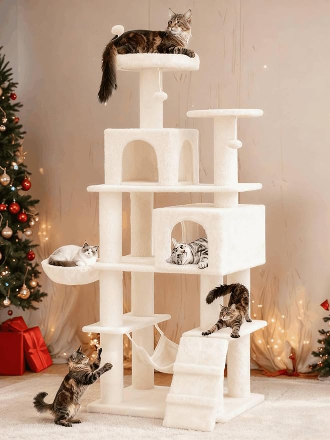 DWVO 190.5 cm Tall Heavy Duty Cat Trees for Large Cats, 75inch Maine Coon Tower for Indoor Large Adult with Snug Hammock, Climbing Ladder, and Plush Balls Adult Cats,Beige