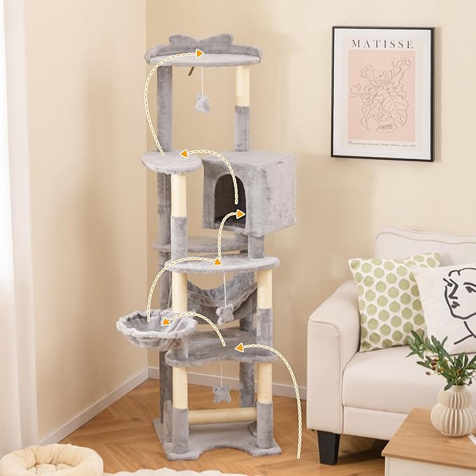 PETSITE 69 Inch Tall Cat Tree, Multi-Level Grey Cat Tower with Sisal Scratching Posts, Cat Condo, Basket Bed, Hammock, Basket Bed, and Hanging Toys, Modern Cat Tree Tower for Indoor Cats