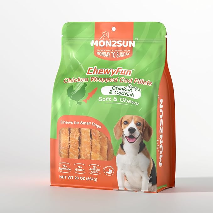 MON2SUN Rawhide Free Dog Treats, 4 Inch Chicken Wrapped Cod Fillet Dog Snacks for Small Dogs, Soft and Training Treats, 20oz (56 Count-Pack of 1)