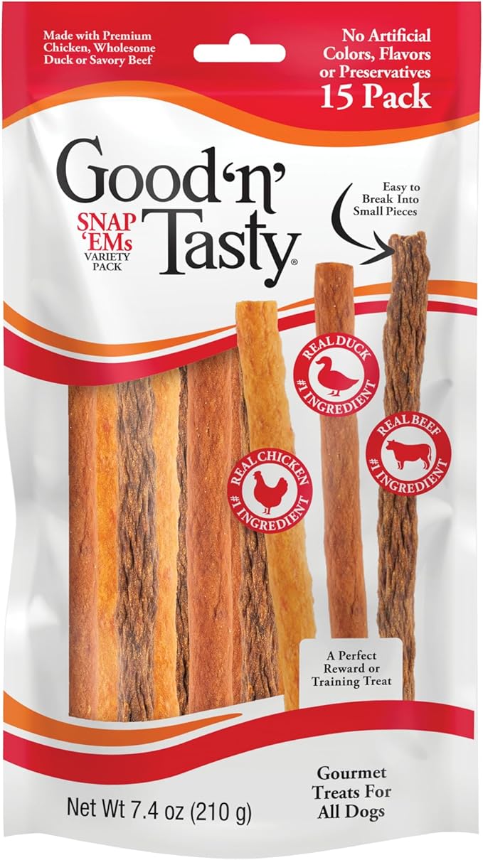 Good ‘n’ Tasty Triple Flavor Snap ‘EMS Gourmet Treats Variety Pack for All Dogs, 15 Count, Reward or Training Treat Made with Real Chicken, Duck and Beef