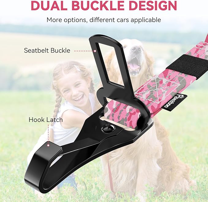Pawaboo Dog Car Seat Belt– Reflective & Adjustable Dogs Cars Harness Leash with 360° Lockable Buckle, Shockproof Dogs Tether Bungee for Safe Travel, Pink Camouflage