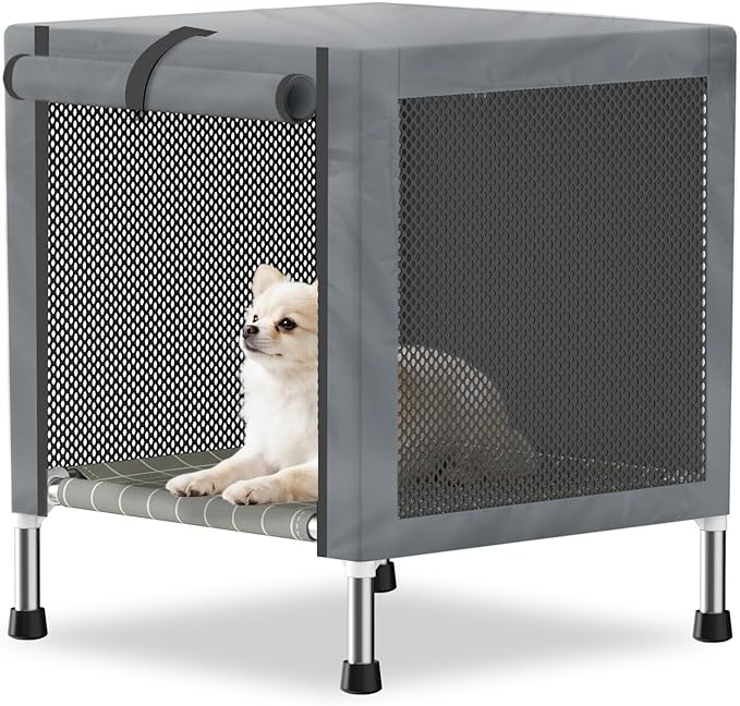 Small Stainless Steel Elevated Dog Crate with Cover, 2-in-1 Indoor & Outdoor Raised Pet House, Rust-Proof Dog Kennel with Silicone Anti-Slip Feet, Tool-Free Assembly
