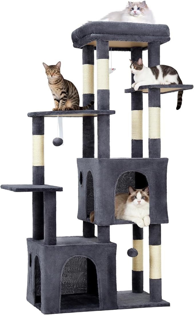 61.4 Inch Cat Tree, Large Cat Tower with Sisal Scratching Posts, 2 Spacious Cat Beds, Hanging Ball & Top Perch, Ideal for Large Indoor Adult Cats, Dark Gray