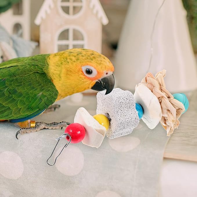 Toddmomy Parrot Hanging Chewing with Natural Volcanic Rock and Cuttlefish Bone, Small Animal Chew for Rabbits, Hamsters, Guinea Pigs, and Birds, Cage Accessory for Teeth Grinding