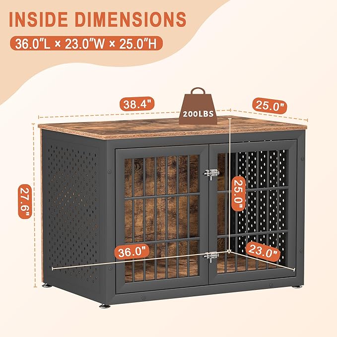 rehomerance 38" Heavy Duty Dog Crate Furniture for Large and Medium Dogs,Wooden Metal Kennel for High Anxiety Dogs, Chew Proof Pet Cage Indoor, Decorative Dog Kennel End Table