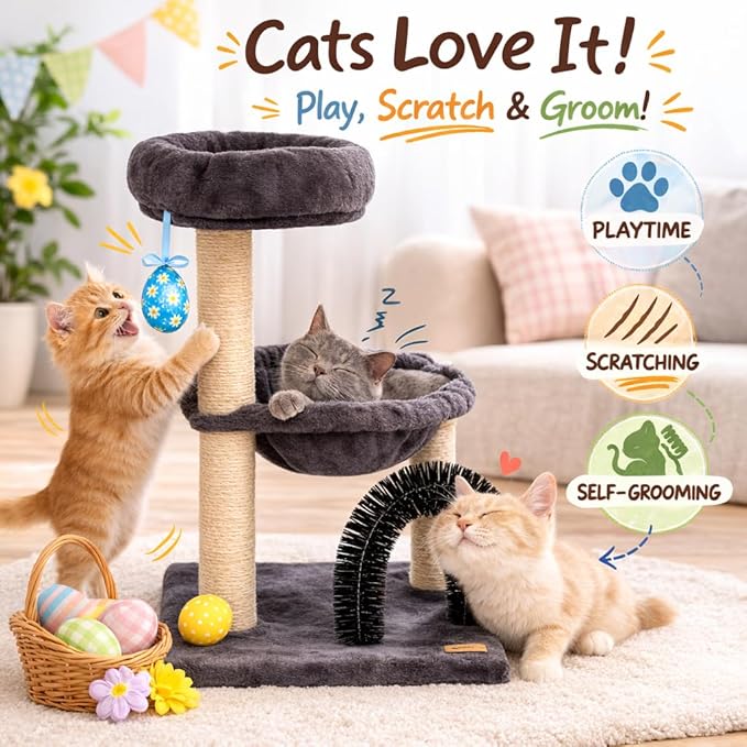 Simple Deluxe 27.8" Small Cat Tree with Easter Eggs,Multi-Level Cute Cat Tree with Scratching Post| Plush Hammock| Perch| Random 3 Pcs Easter Eggs| Groomer Brush for Kittens Play & Rest
