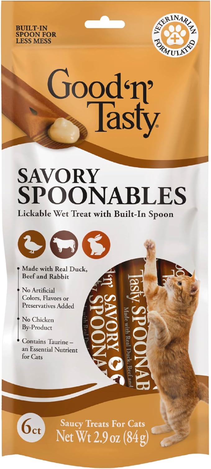 Good ‘n’ Tasty Savory Spoonables with Real Duck, Beef & Rabbit, 6 Count Tube, Triple Flavor Squeezable Lickable Wet Treats for Cats with Built-in Spoon for Less Mess (Pack of 2)