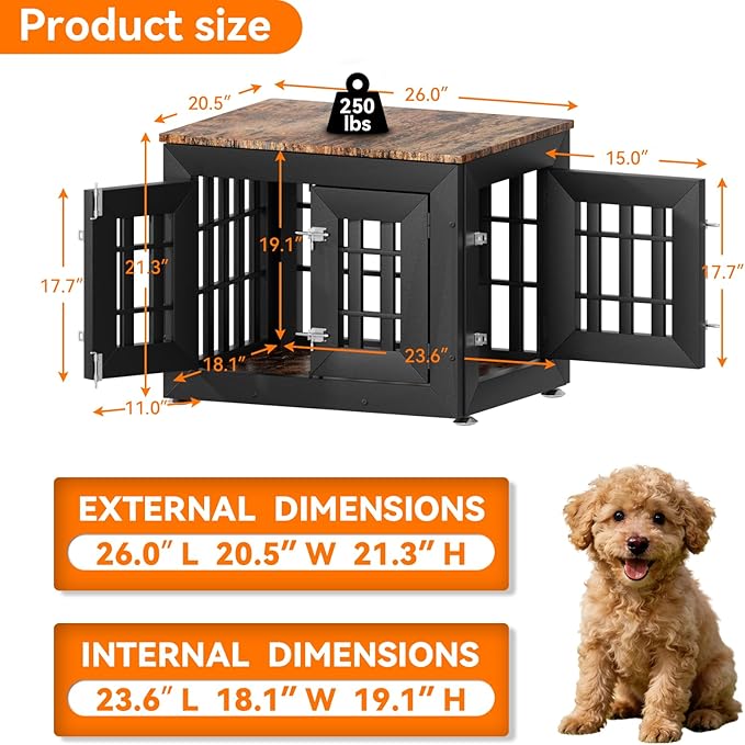 Snuowu 26" Heavy-Duty Dog Crate Furniture for Small/Medium Dogs, Rustic Wooden Dog Cage Kennel Indoor Furniture, Decorative Pet House End Table, Black & Wood