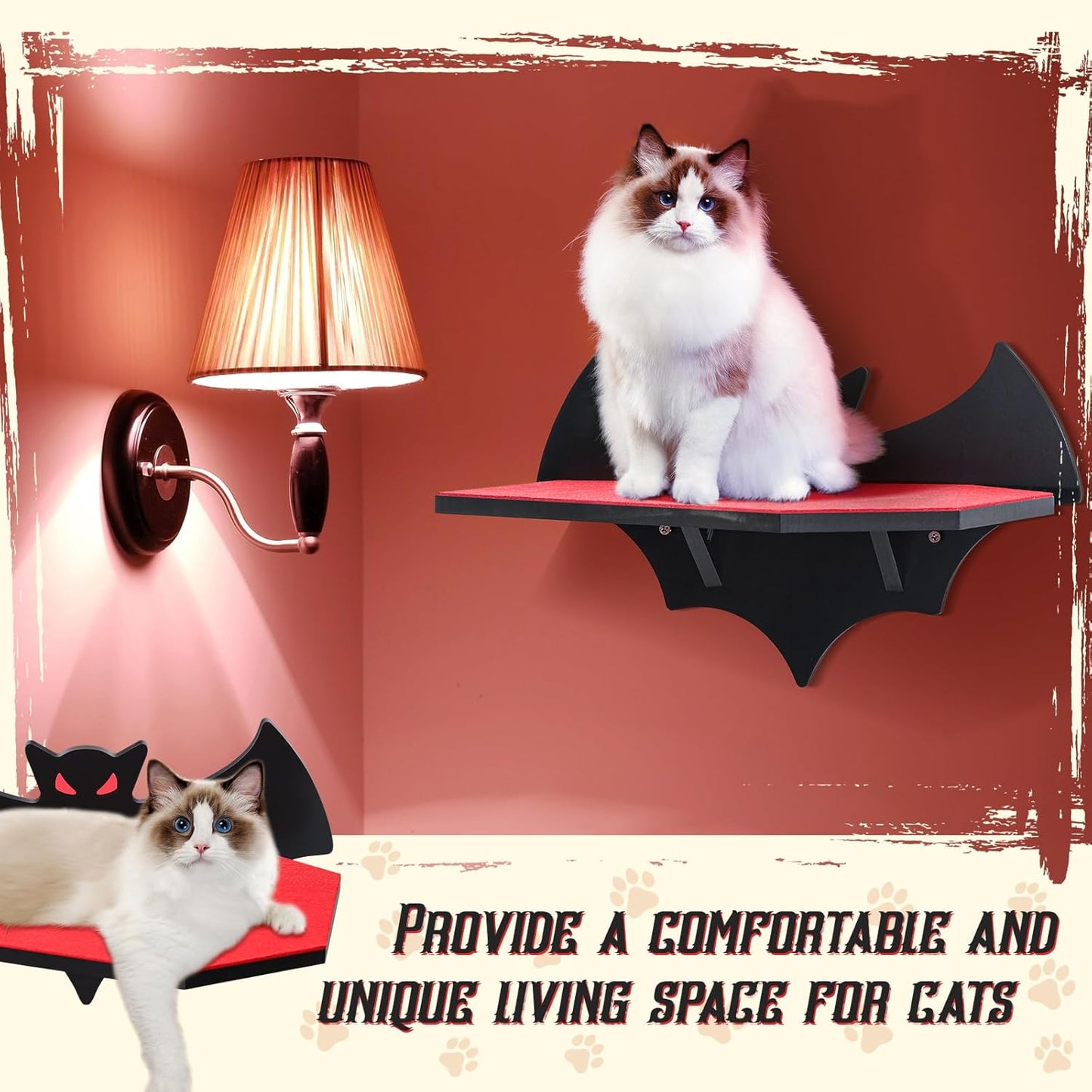 Cat Wall Mount Shelves for Indoor, Gothic Bat Floating Shelf with Coffin Bed Cat Wall Tree Can Load Bearing up to 30 Lbs/ 14 kg