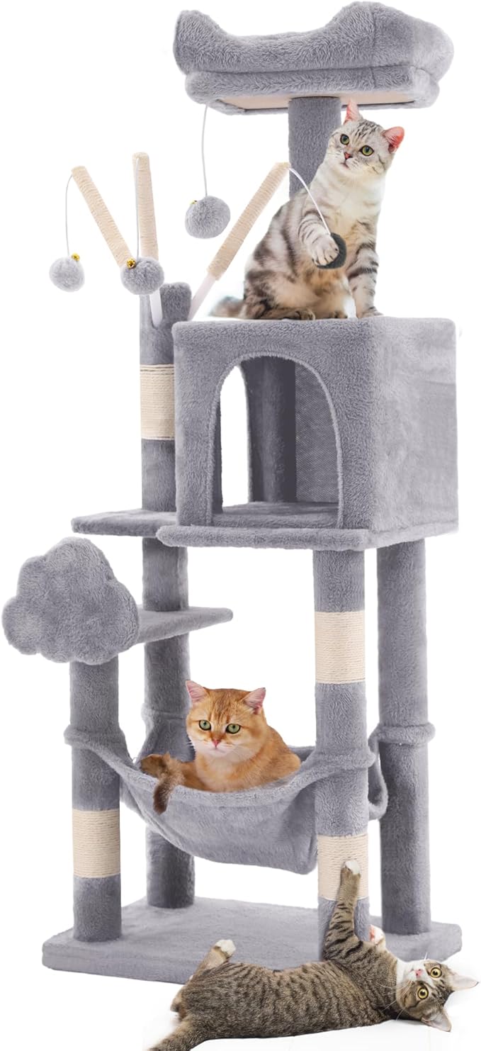 YITAHOME 44in Multi-Level Cat Tree for Indoor Kittens, Cat Furniture with Scratch Posts, Window Padded Plush Perch, Comfortable Hammock, and Interactive Pompoms, Light Gray