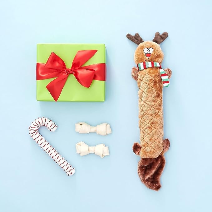 ZippyPaws - Jigglerz Holiday Tough No Stuffing Squeaky Plush Dog Toy with Crinkle Head and Tail - Reindeer