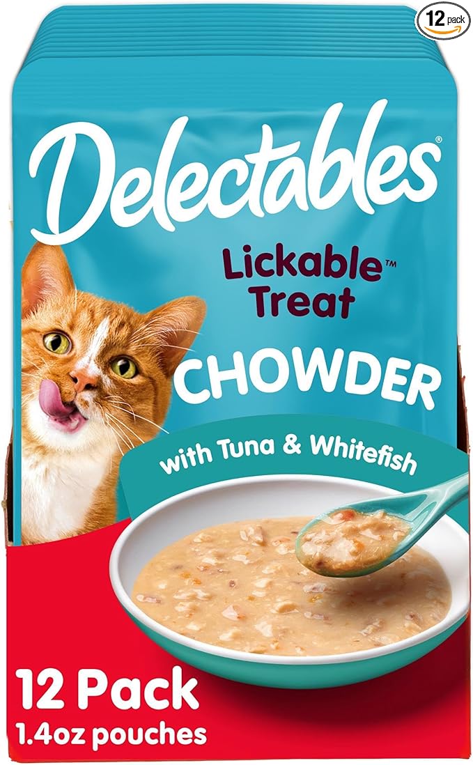 Delectables Lickable Treat Chowder Wet Cat Treat with Real Tuna & Whitefish, Food Topper, Hydrating, Grain-Free, No Fillers, By-Products, Added Preservatives, 1.4oz Pouch, 12ct