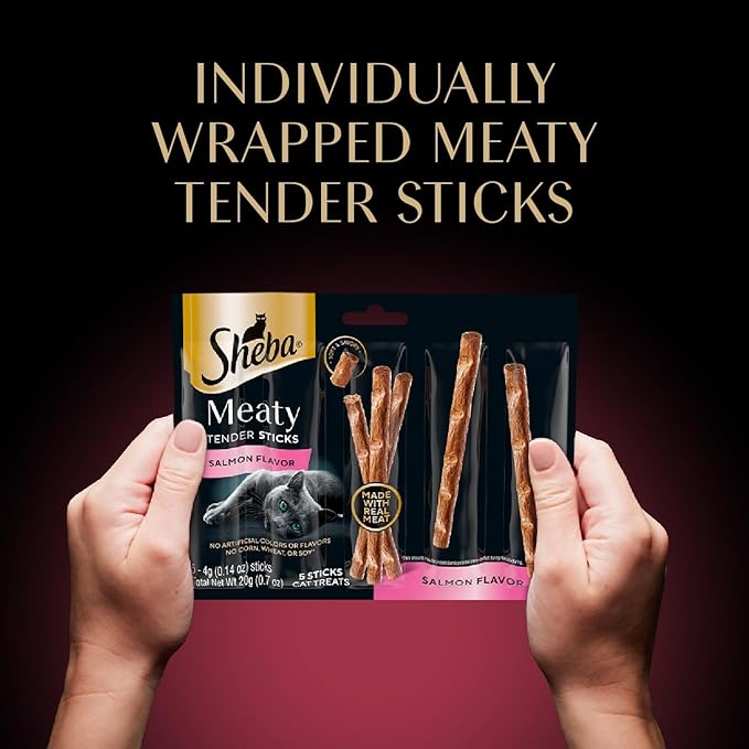 Sheba Meaty Tender Sticks Chicken Cat Treats,Salmon Flavor,Cat Snacks,0.14 oz.,(100 Sticks Total),5 Count (Pack of 20)