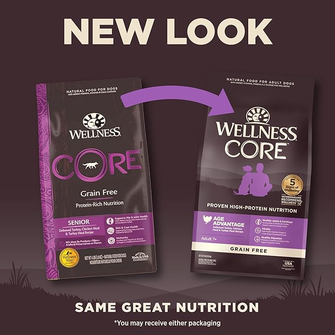 Wellness CORE Age Advantage Senior Dry Dog Food, Grain Free Kibble, Natural, High Protein, Turkey and Chicken Recipe, 24 lb Bag