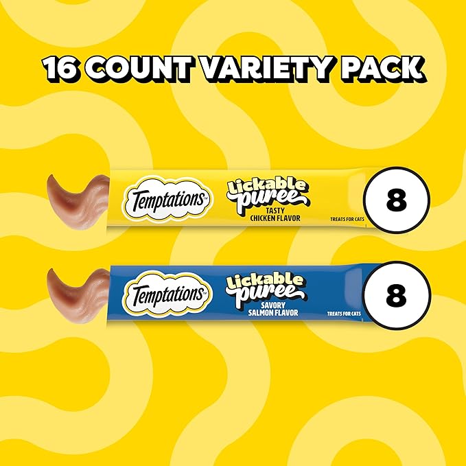 Temptations Creamy Puree Squeezable Lickable Cat Treats, Wet Cat Treats with Salmon and Chicken Variety Pack, 0.42 oz. Tubes, 16 Count