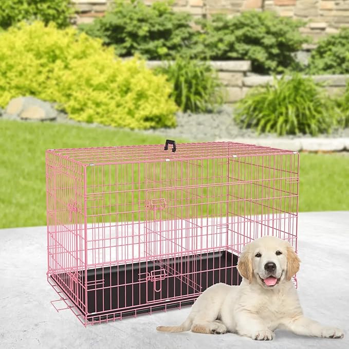 Extra Large Dog Crate - Portable Dog Cage for Small Dogs - Travel Dog Crate with Double-Door, Metal Wire Kennel & Plastic Tray (Pink, 24")