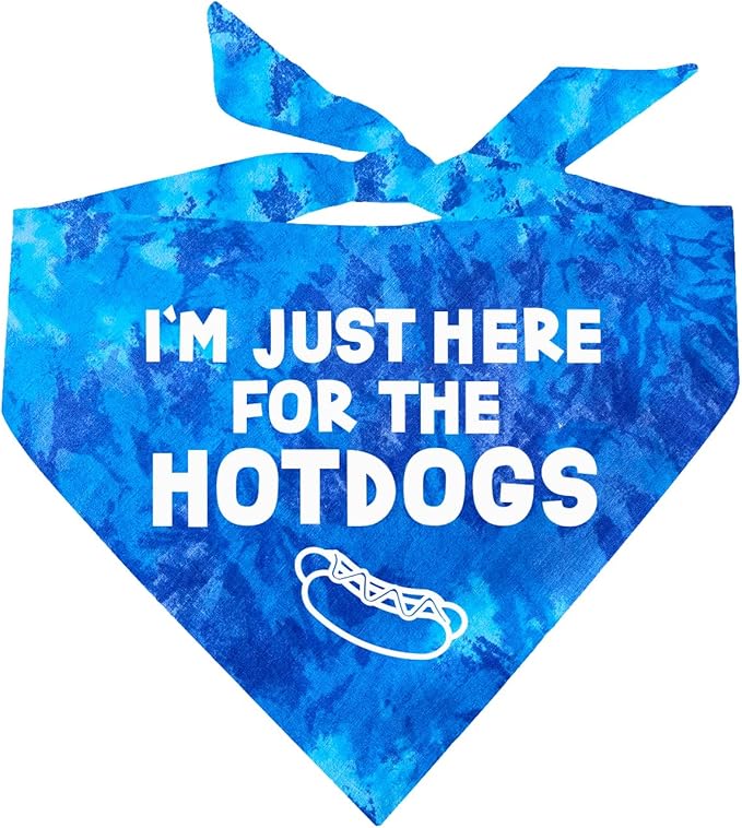 I'm Just Here for The Hot Dogs Dog Bandana |100% Adjustable Cotton Tie Dye | Made in USA | July Fourth (4th) Accessory | Patriotic | Party | Parade | Event | Costume | One Size |Royal Scrunch (750)