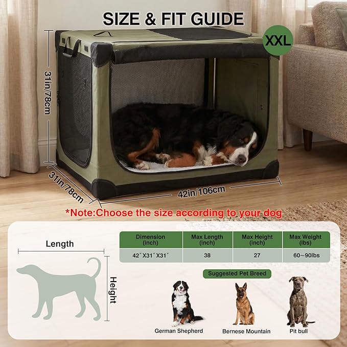 42 x 31 x 31 Inch Collapsible Soft Dog Crate for Dogs Up to 90 lbs, Portable Travel Pet Kennel with 4 Zip Doors, Foldable Indoor Outdoor Crate with Mat, Carry Bag, Green