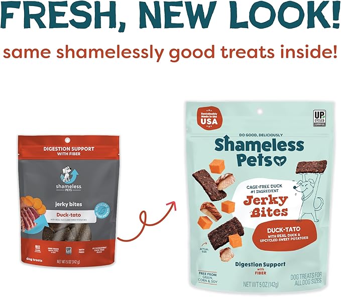 Shameless Pets Jerky Bites Treats, Duck-Tato - Healthy Dog Chews for Digestion Support with Fiber - Dog Treats with Real Cage-Free Duck - Free from Grain, Corn & Soy - 1-Pack