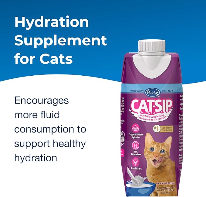 PetAg Cat-Sip Real Milk - 8 oz, 12 Pack - Ready-to-Feed Snack for Cats & Kittens - Easy to Digest with 99% Lactose-Free, Low-Fat Grade A Milk - Encourages Hydration