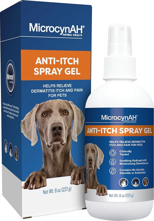 MicrocynAH Anti-Itch Spray Gel, Soothing Hydrogel w/ Dimethicone, Relief Dermatitis Itch & Pain, Clinically Tested, No Alcohol, Steroids or Antibiotics, Safe for Dogs, Cats, Horses & Rabbits, 8oz