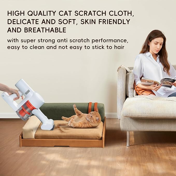 GDFStudio 24.8" Modern Wooden Pet Bed for Cats and Dogs, Oak Veneer Frame with Washable Cushion, Scratch-Resistant Fabric, Elevated Pet Sofa Bed with Non-Slip Feet and Hanging Toy for Indoor Pets