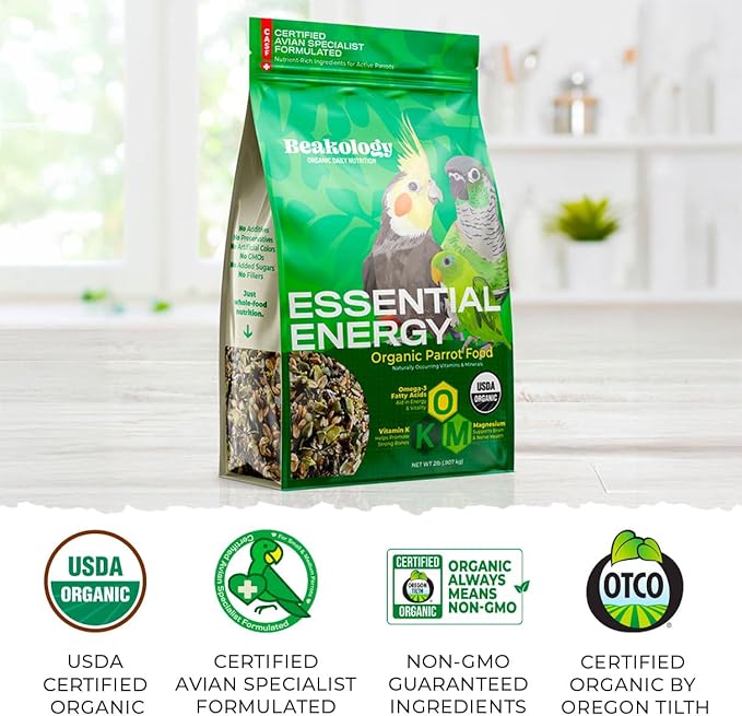 Essential Energy Organic Parrot Food, USDA Certified, Non-GMO, for Small and Medium Parrots, 2 lbs
