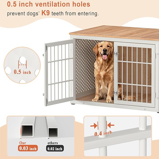 42" Heavy Duty Dog Crate Furniture for Large Dogs, Metal Kennel for High Anxiety Dogs, White Wooden Cage Furniture Indoor, Decorative Dog Kennel End Table, XL