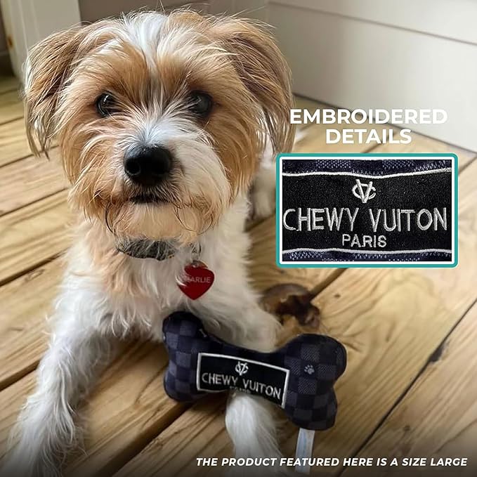 Haute Diggity Dog Chewy Vuiton Bone Plush Squeaky Dog Toy, Soft Durable Designer-Inspired Stuffed Puppy Chew Toys for Small & Medium Dogs, Machine-Washable (Black Checker) Small