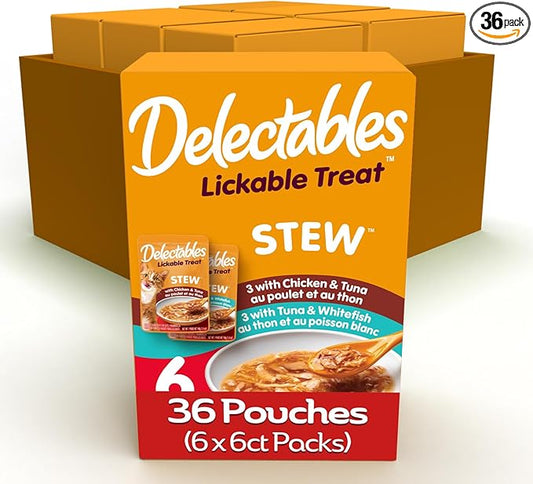 Delectables Lickable Treat Stew Wet Cat Treat Variety Pack, Food Topper, Hydrating, Grain-Free, No Fillers, No By-Products, No Added Preservatives, 1.4oz Pouch, 36 Count
