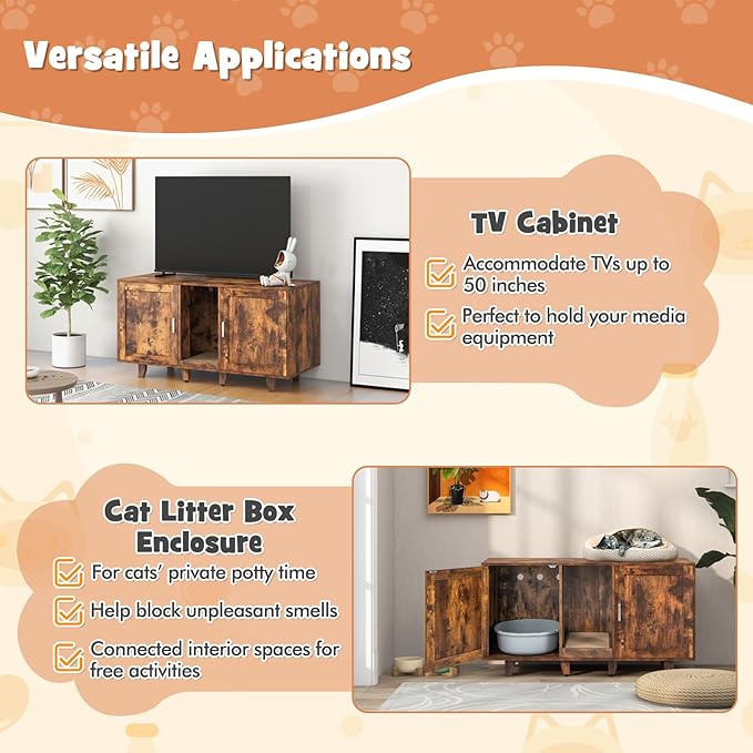 Giantex Cat Litter Box Enclosure - Cat Washroom Hidden Furniture, 2 Storage Cabinets, Removable Cat Scratcher, Air Vents, Detachable Legs, Wood Pet Crate Indoor Cat House TV Stand (Rustic Brown)