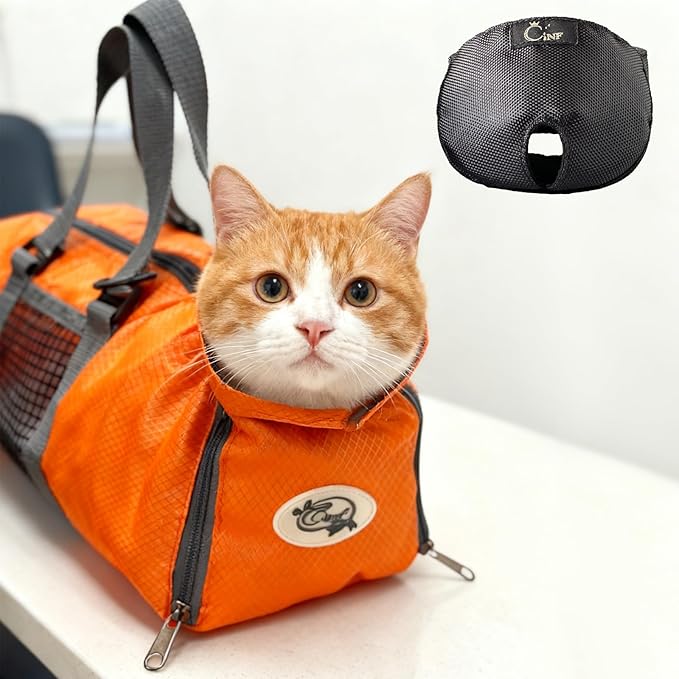 Cinf Cat Nail Clipping Cleaning Grooming Restraint Bag （Free Muzzle） No Scratching Biting for Bathing Nail Trimming Injecting Examining((Orange,M)