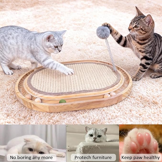 Natural Sisal Cat Scratcher Pad with Wooden Cat Ball Track Toy Interactive Cat Toys for Bored Indoor Adult Cats Kitten Toys for Chasing Hunting & Physical Exercise Puzzle Cat Scratching Pads