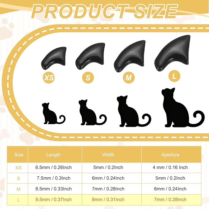 Cat Nail Caps, Cat Claw Covers with Adhesive Glue and Applicators, Kitten Claw Caps Soft Paws, (40 Pcs, L, Black), Intended for Pet Tips/Nail Covers/Control Paws