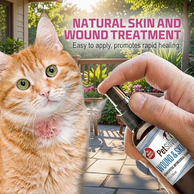 PetSilver Wound & Skin Spray for Cats - Chelated Silver, Superior to Colloidal Silver - Wound Care, Allergy & Itch Relief, Hot Spot Treatment for Cats - Natural Skin Soother - Made in USA - 2 fl oz