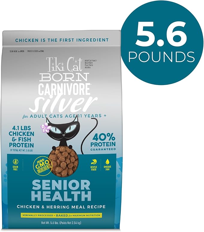Tiki Cat Born Carnivore Silver Senior Health Dry Cat Food for Senior Cats, Non-GMO, 5.6 lbs. Bag