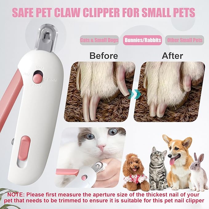 Professional Cat Nail Clipper and Trimmer with 3 Adjustable Safety Levels (1-3.5mm), Kitten Supplies, Puppy Grooming Tools, with Debris Catcher & Hidden Nail File Pink