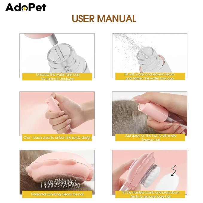 Pet Grooming Brush – Cat Paw Design Self-Cleaning Slicker with Water Spray, Rounded Bristles for Dogs & Cats, Removes Loose Hair & Tangles