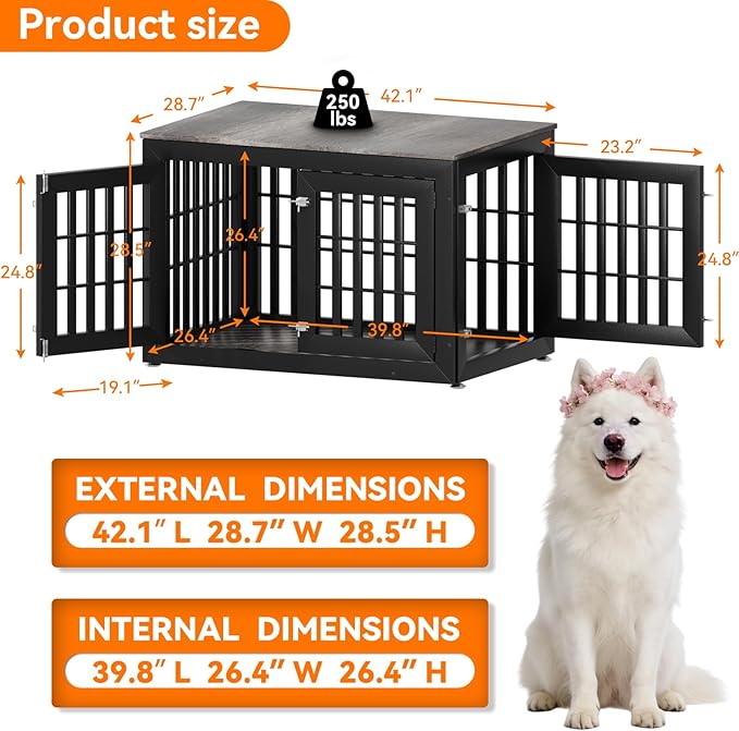 Snuowu 42" Heavy-Duty Dog Crate Furniture for Large/Medium Dogs, XL Wooden Dog Cage Kennel Indoor Furniture, Decorative Pet House End Table, Black & Grey