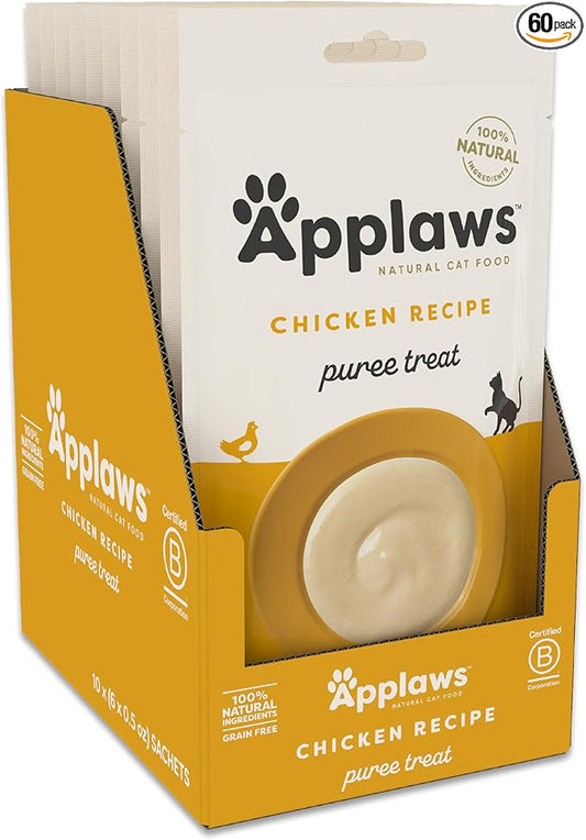 Applaws Lickable Cat Treats, Natural Grain-Free Purée, Made with Limited and Natural Ingredients, No Artificial Additives, Chicken Squeeze Up Cat Treats (60 x 0.5 oz Sachets)