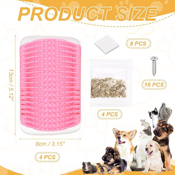 Self Grooming Cat Brush, Cat Self Groomer Scratcher with Catnip Softer Scratchers Wall Corner Groomer Massage Combs (4Pcs, S, Pink) for Long Short Fur Pets/Kittens/Puppies