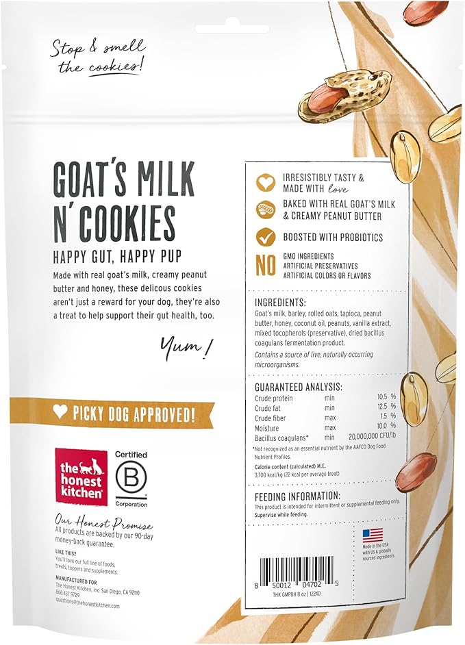 The Honest Kitchen Goat's Milk N' Cookies: Slow Baked with Peanut Butter & Honey, 8 oz Bag