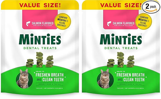 Minties Dental Treats for Cats, Salmon Flavor | 10oz | Pack of 2 | Freshens Breath | Controls Tartar