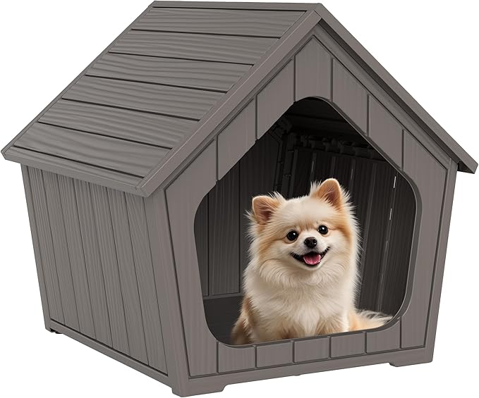 Bifanuo Dog House Outdoor Indoor for Small Dogs - Plastic Pet Shelter, Easy-Assemble & Weather-Resistant for Living Room, Balcony (Grey, 18" L x 22.4" W x 22.2" H)