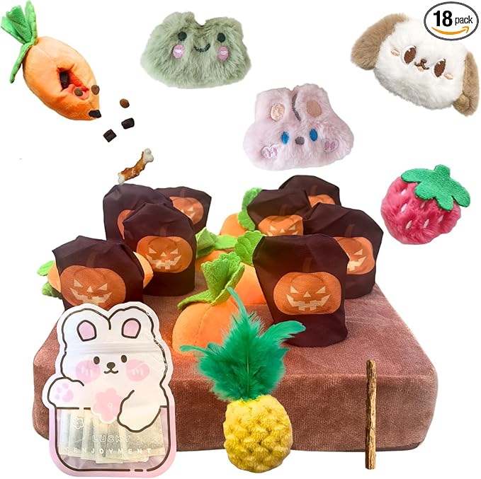 CECE PAW Carrot Patch Cat Toy Halloween Edition, Mat Pocket with Pumpkin Design, 12 Squeaky Carrot with Pockets and 4 Cute Catnip Toys for Indoor Cats Kicking and Biting