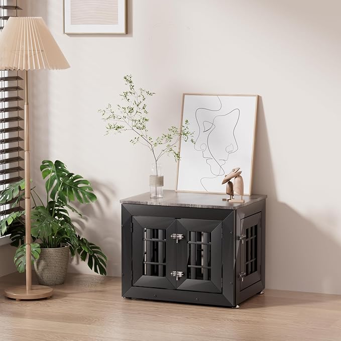 Snuowu 26" Heavy-Duty Dog Crate Furniture for Small/Medium Dogs, Rustic Wooden Dog Cage Kennel Indoor Furniture, Decorative Pet House End Table, Black & Grey