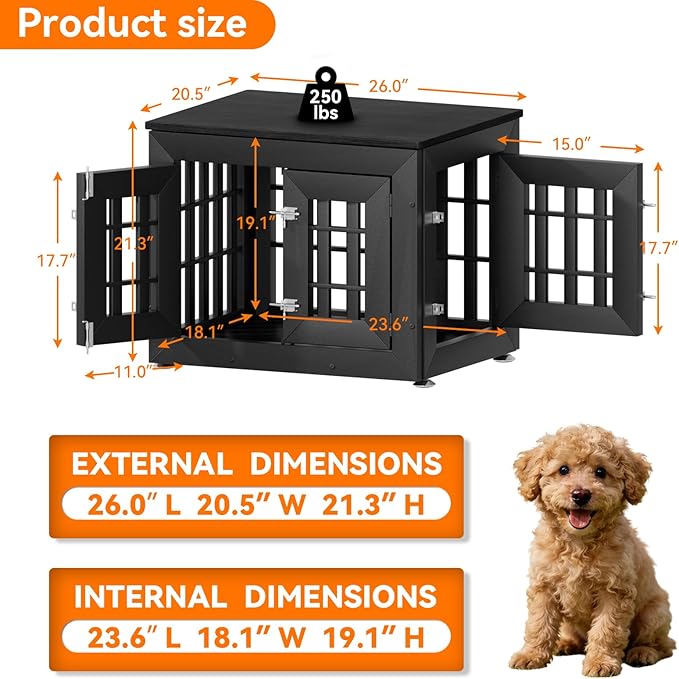 Snuowu 26" Heavy-Duty Dog Crate Furniture for Small/Medium Dogs, Rustic Wooden Dog Cage Kennel Indoor Furniture, Decorative Pet House End Table, Black