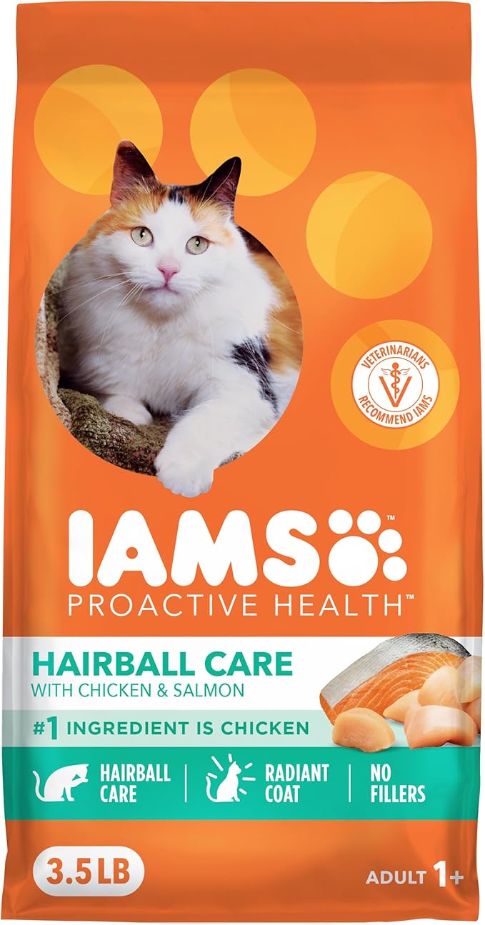 IAMS Proactive Health Dry Cat Food Hairball Care, Adult Cat Food, with Real Chicken and Salmon, 3.5 lb. Bag